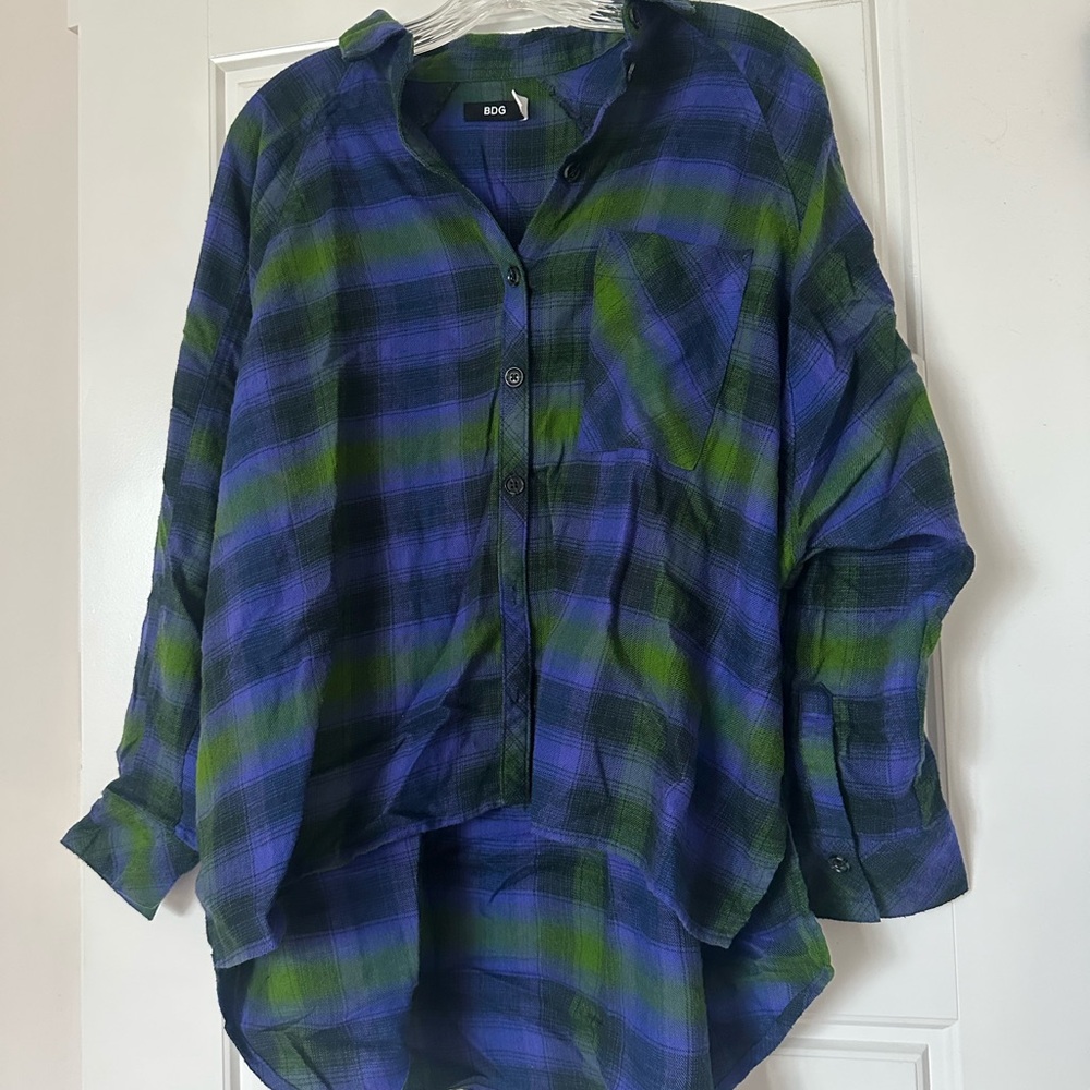 Green and purple plaid button down